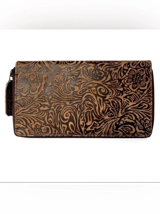 Embossed Floral Leather Zip Wallet - Brown and Black - Picture 5 of 7